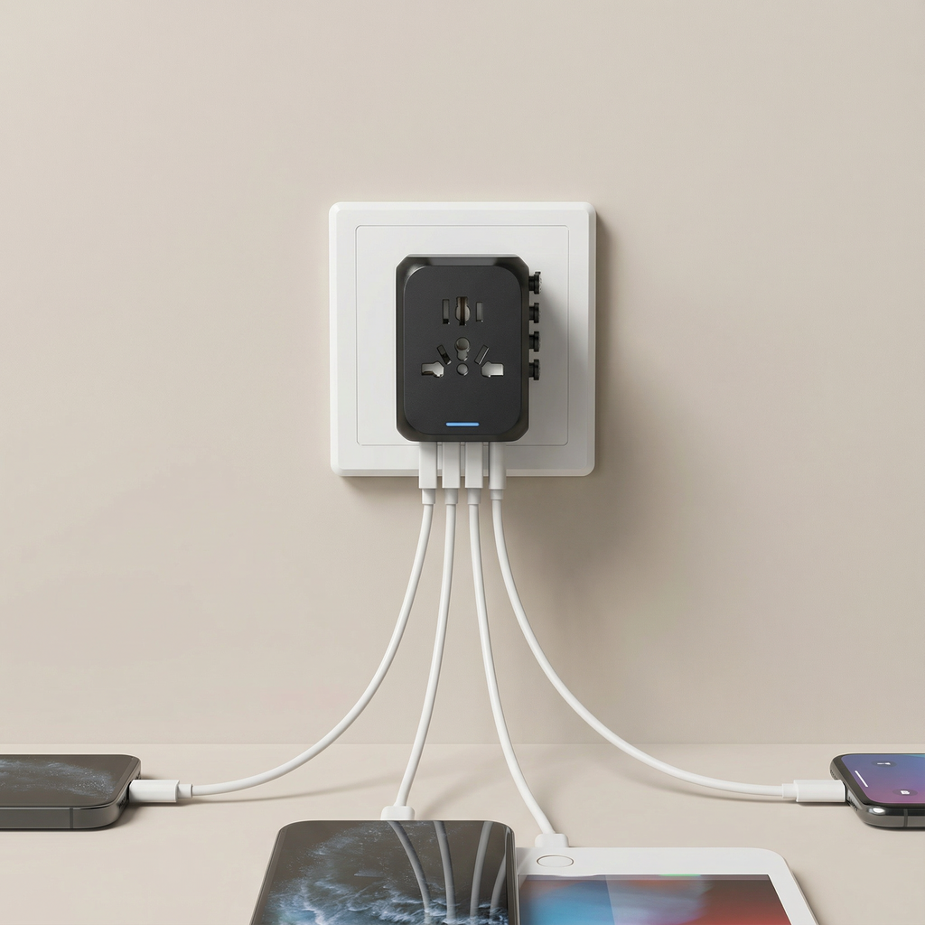 Black multi-port charger plugged into a wall socket with multiple devices charging.
