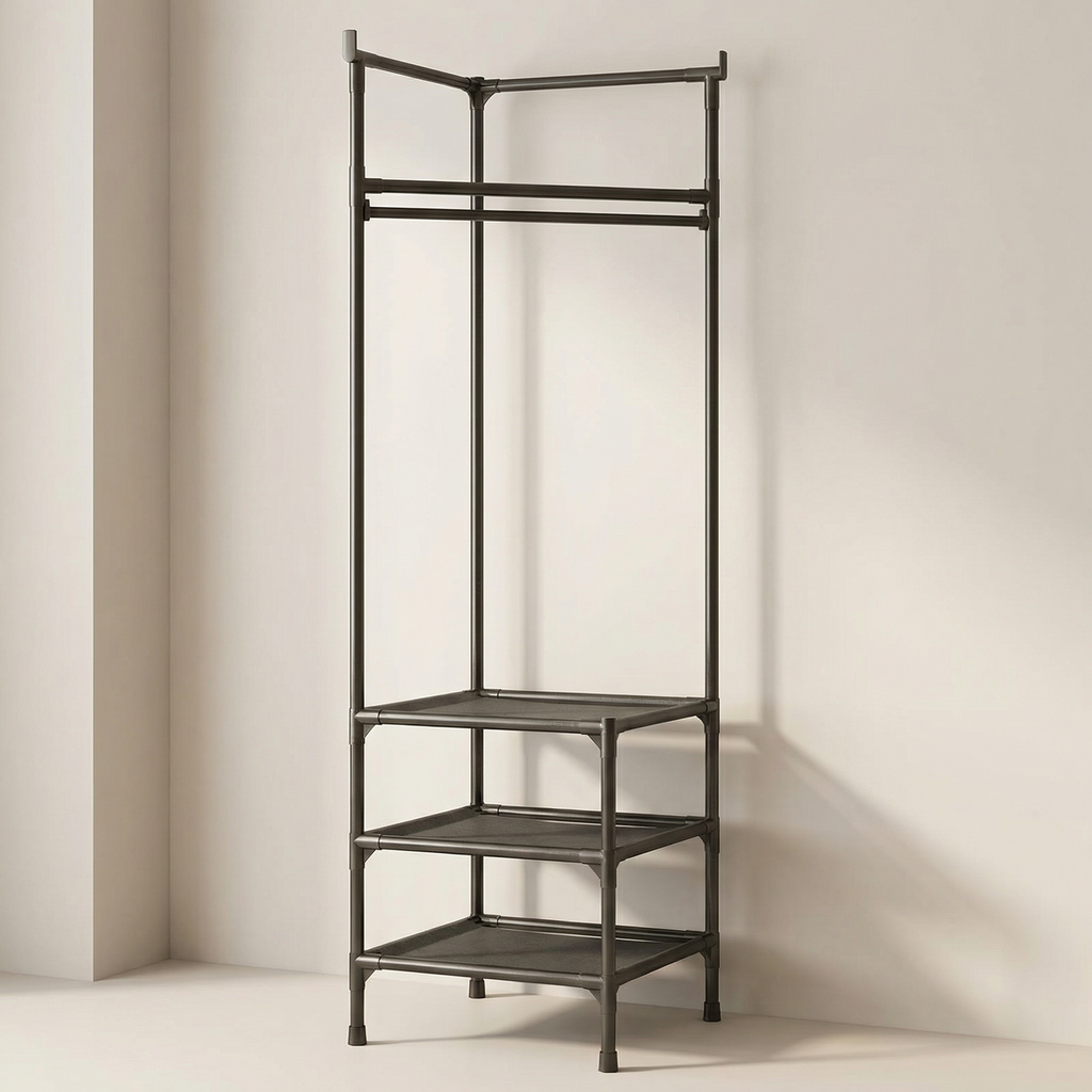 Tall metal shelving unit with a minimalist design against a plain wall.