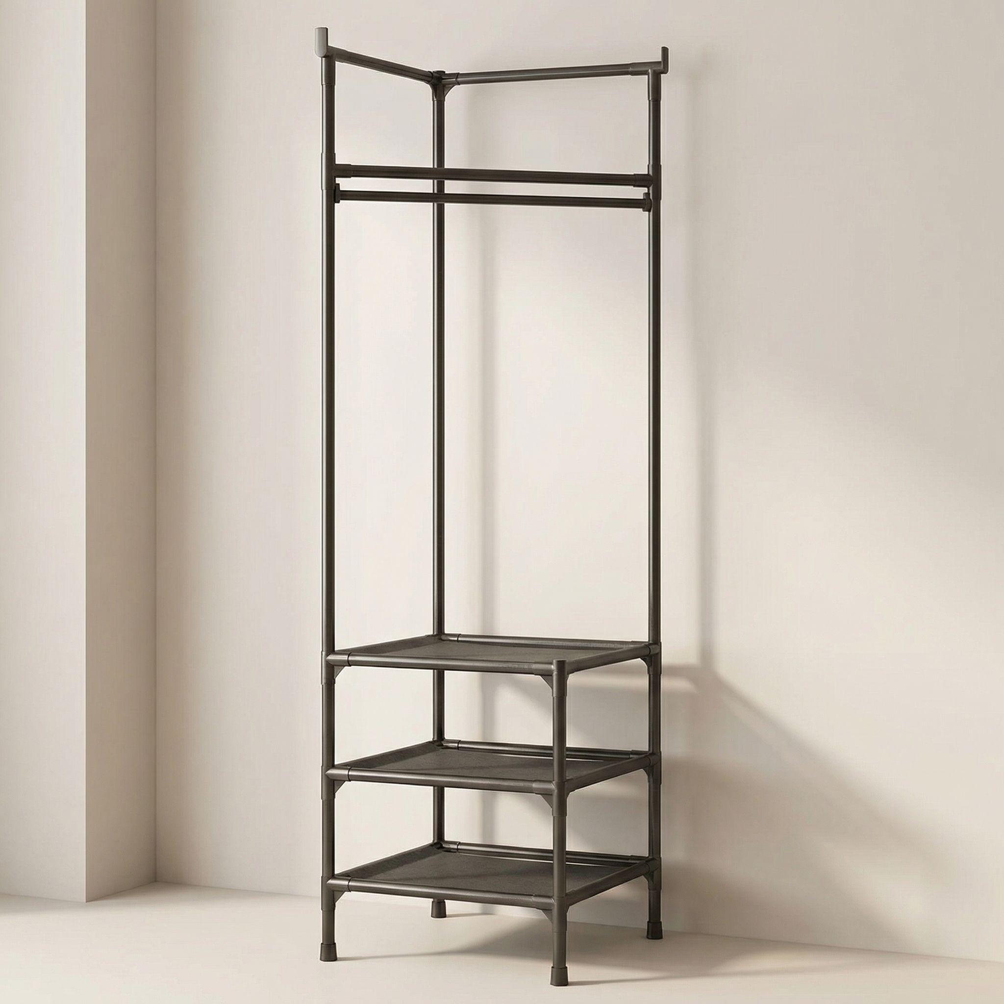 Tall metal shelving unit with a minimalist design against a plain wall.