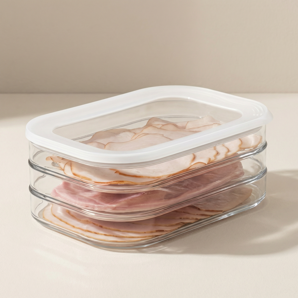 Stackable clear food containers with white lids on a beige surface