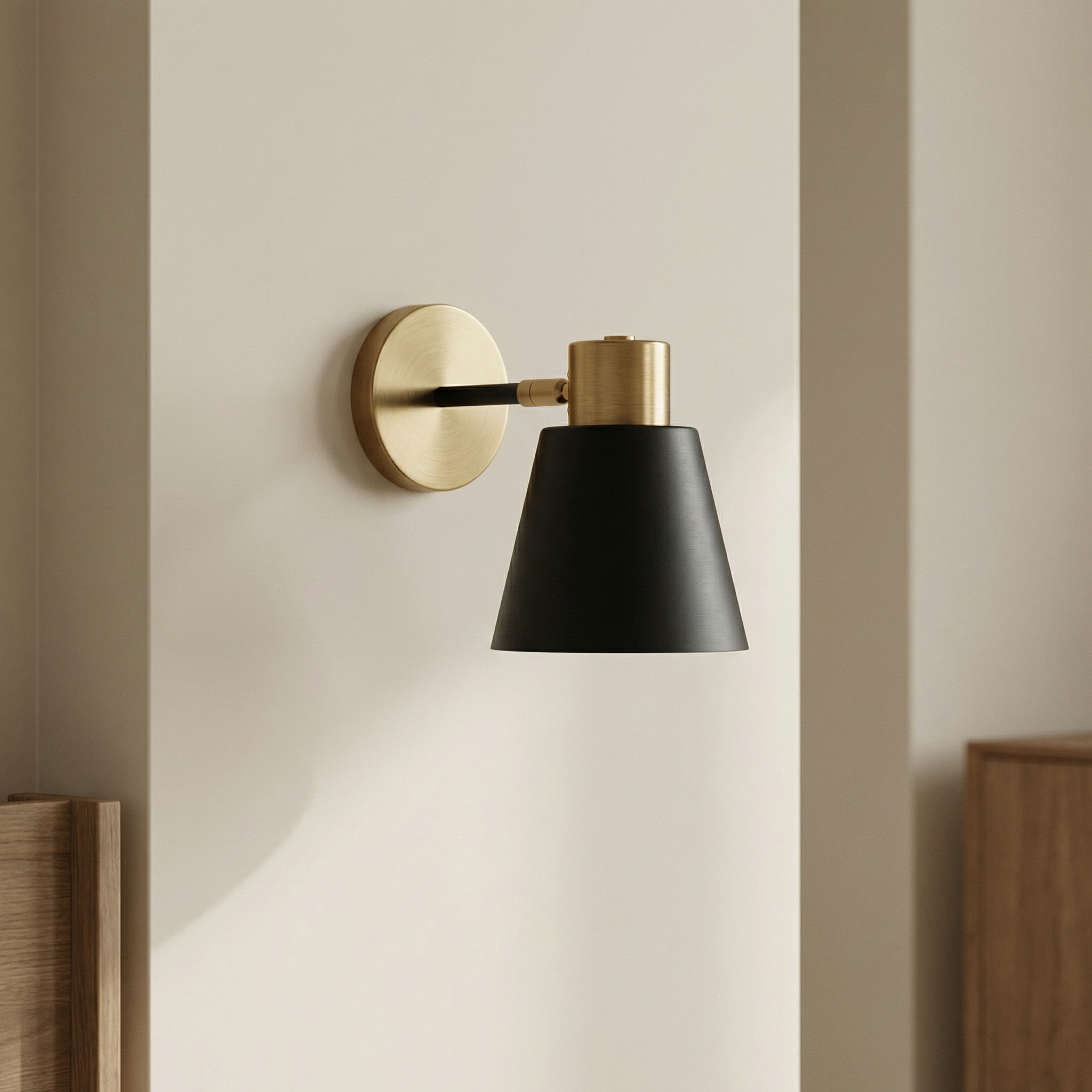 Wall-mounted lamp with gold fixture and black shade on a striped wall.