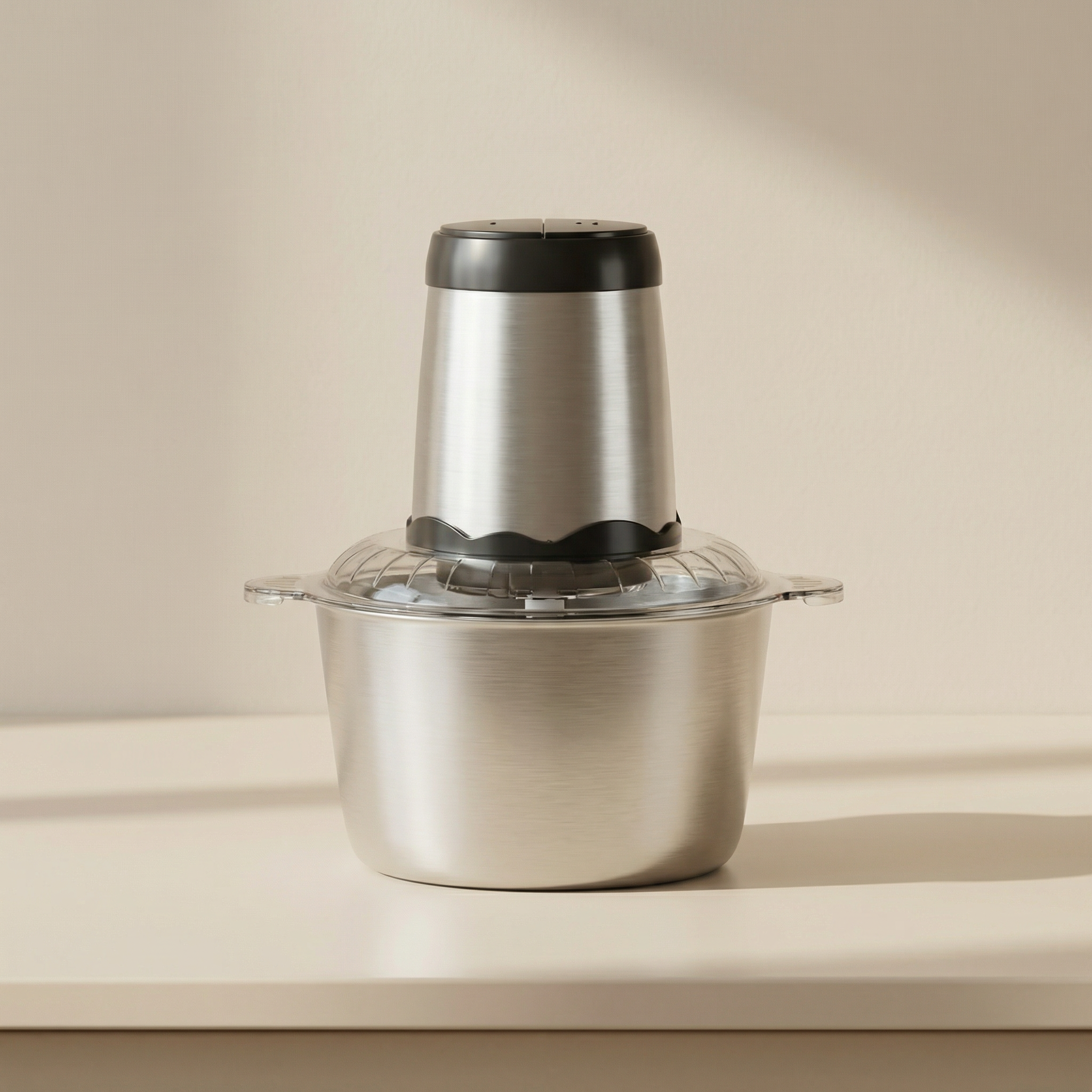 Stainless steel food chopper on a beige surface with a neutral background