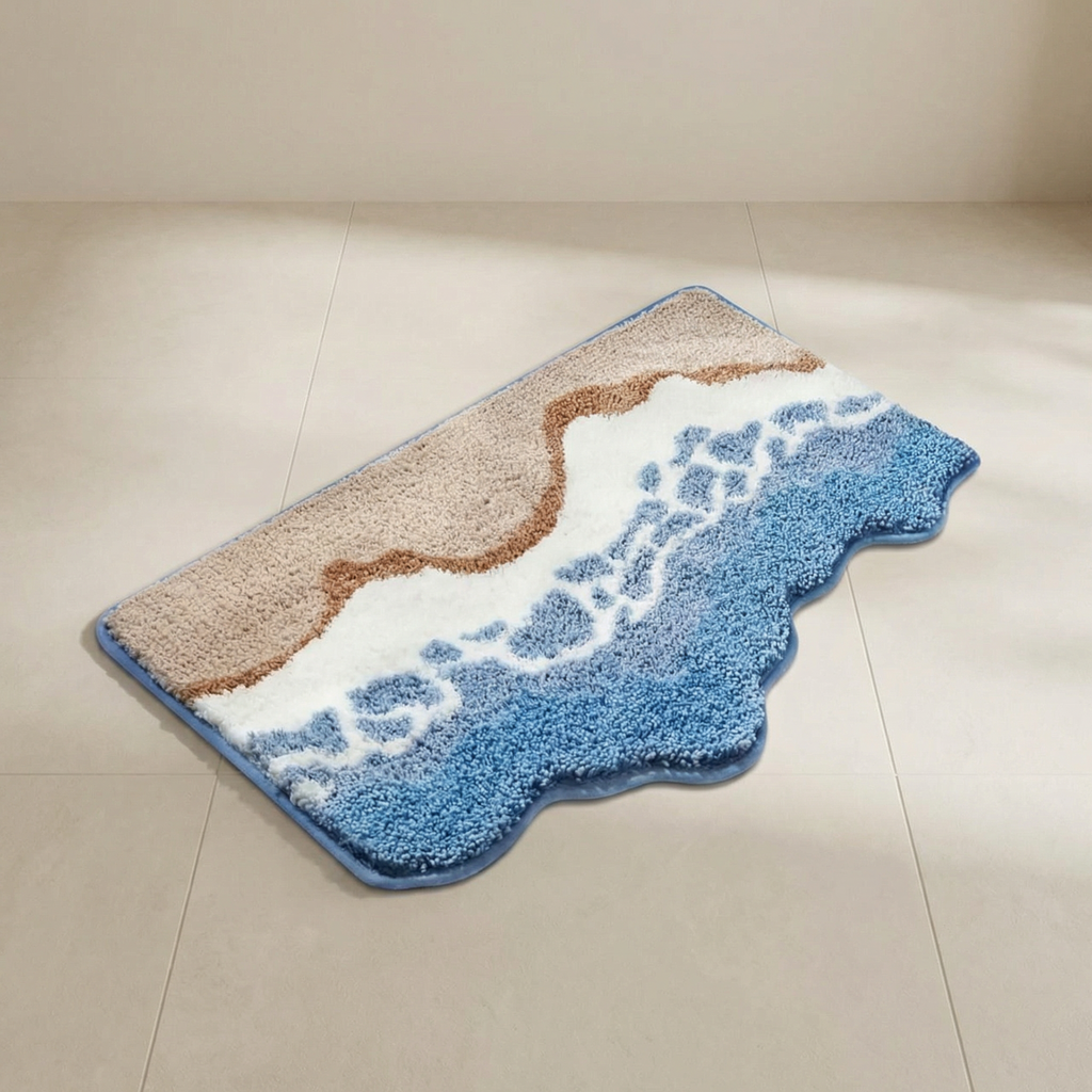 Multicolored bath mat with wave design on a tiled floor