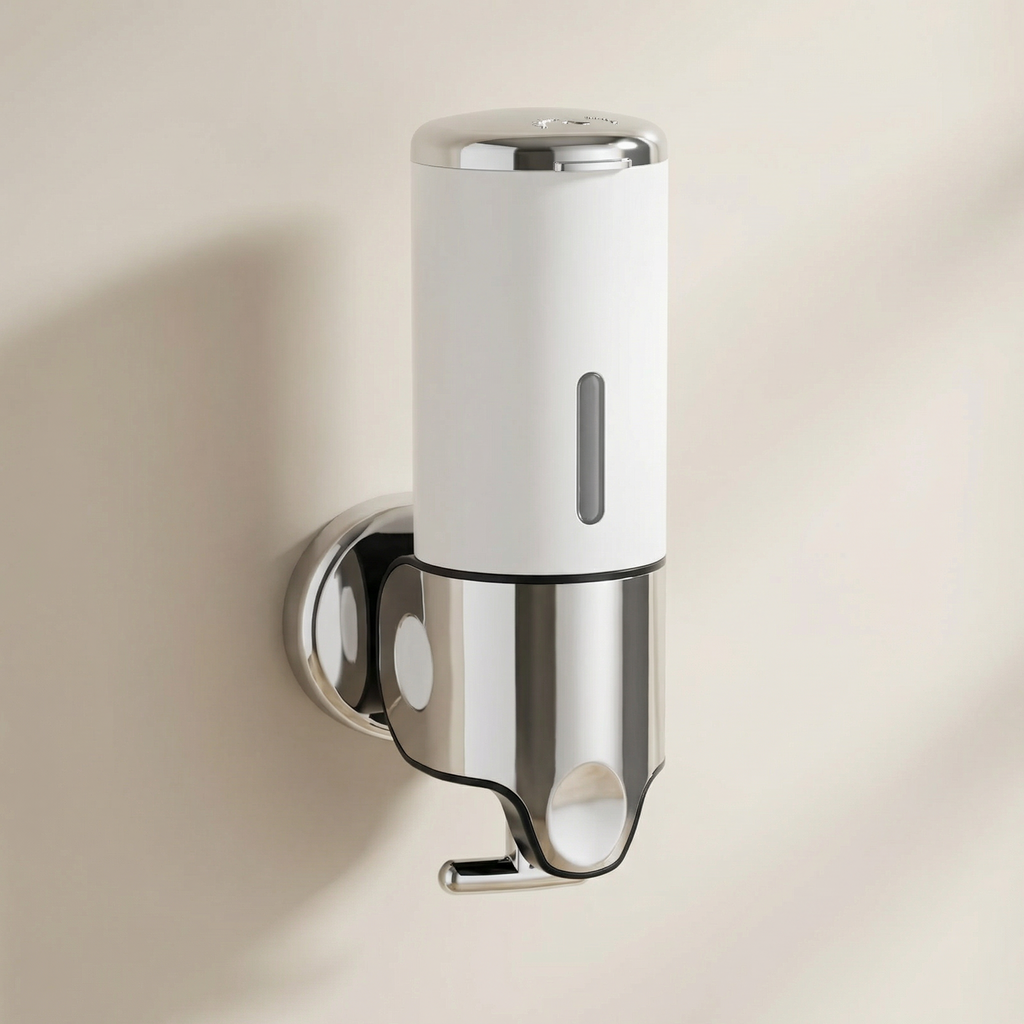 Wall-mounted soap dispenser with white and chrome finish on a beige wall.
