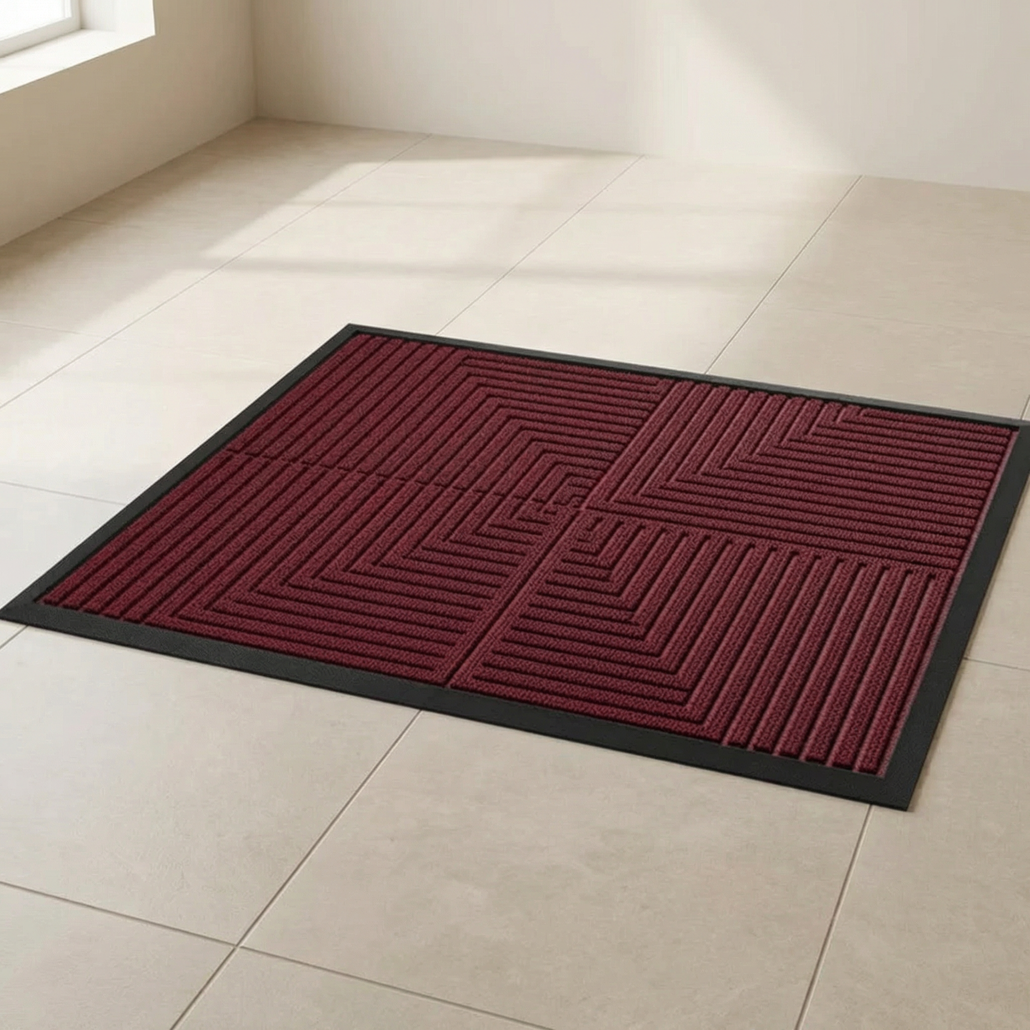 Red doormat with a geometric pattern on a tiled floor