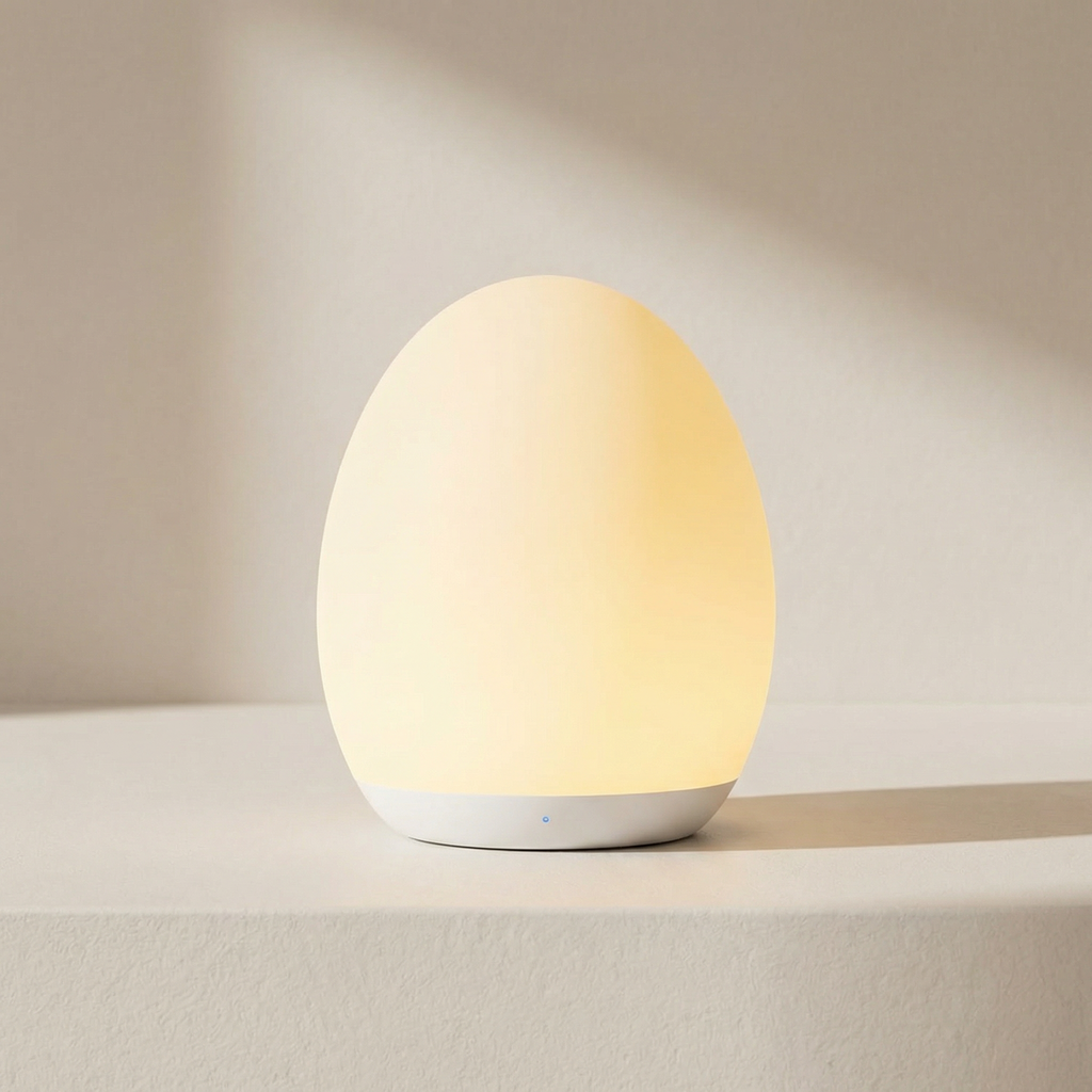 Egg-shaped lamp emitting a warm glow on a neutral background