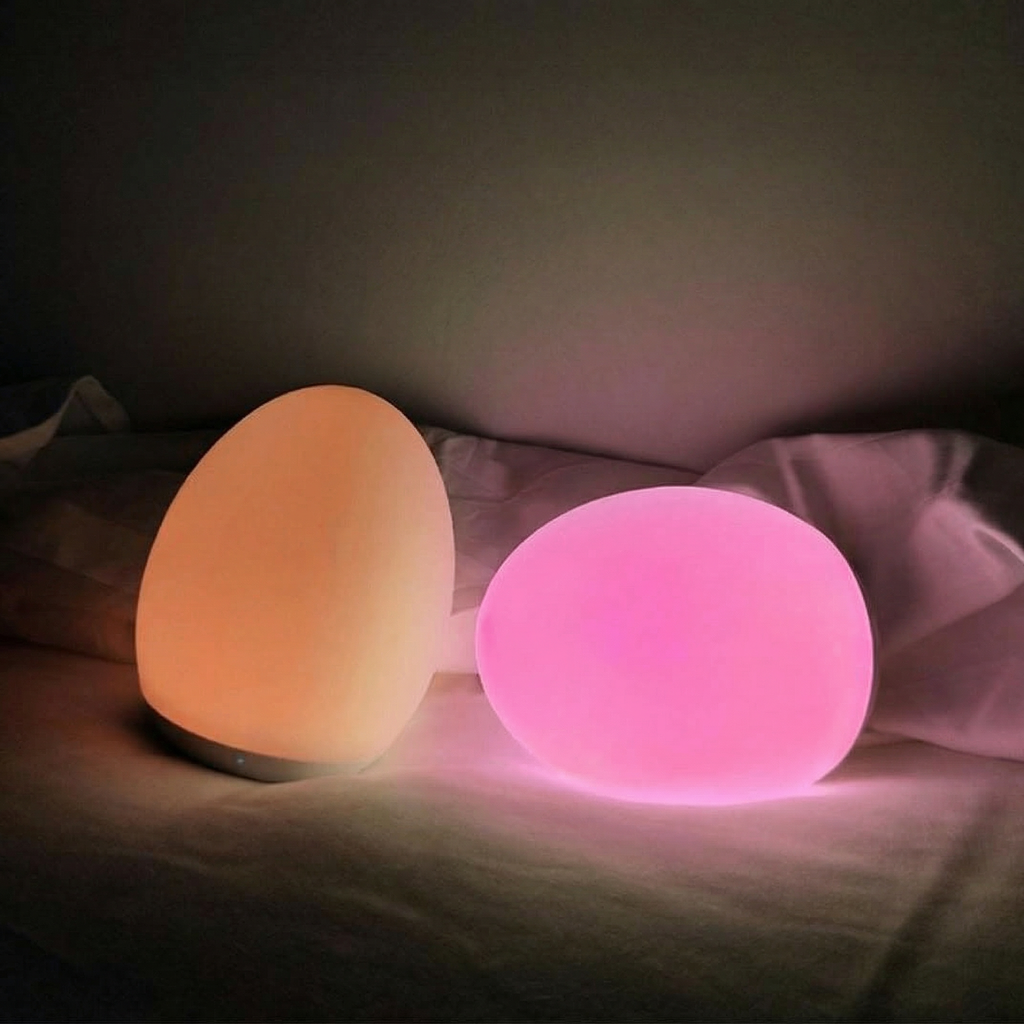 Two glowing spherical lights, one orange and one pink, on a dark surface.