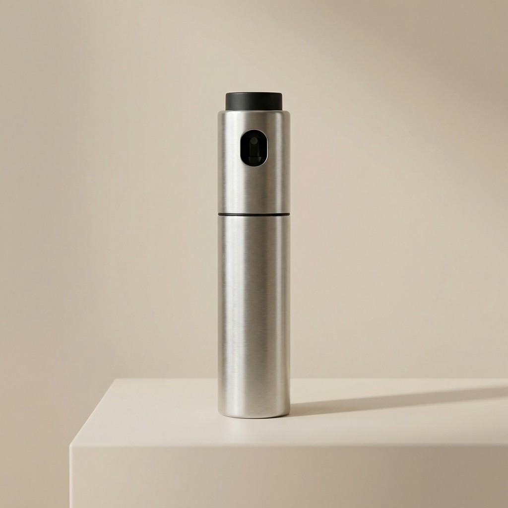 Silver pepper grinder on a beige surface with a beige background