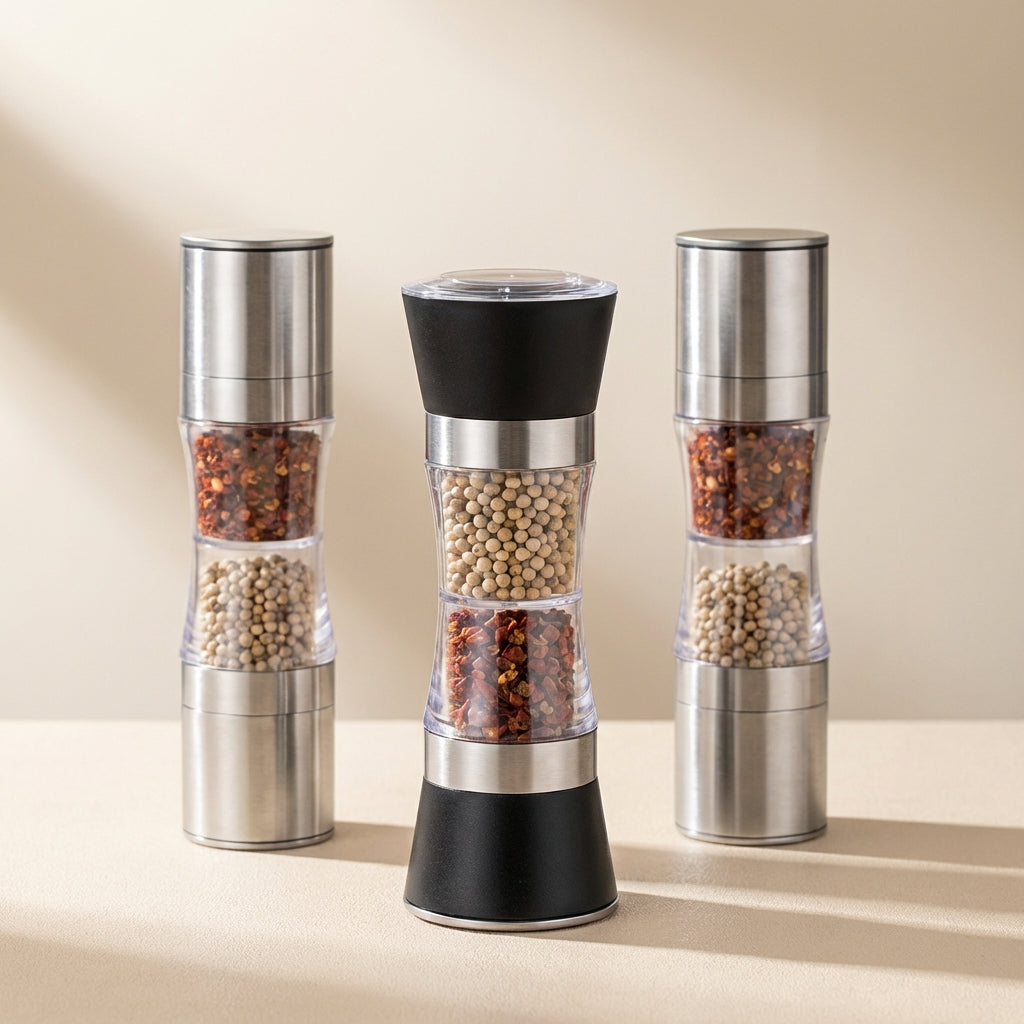 Three pepper mills with different types of peppers on a beige background