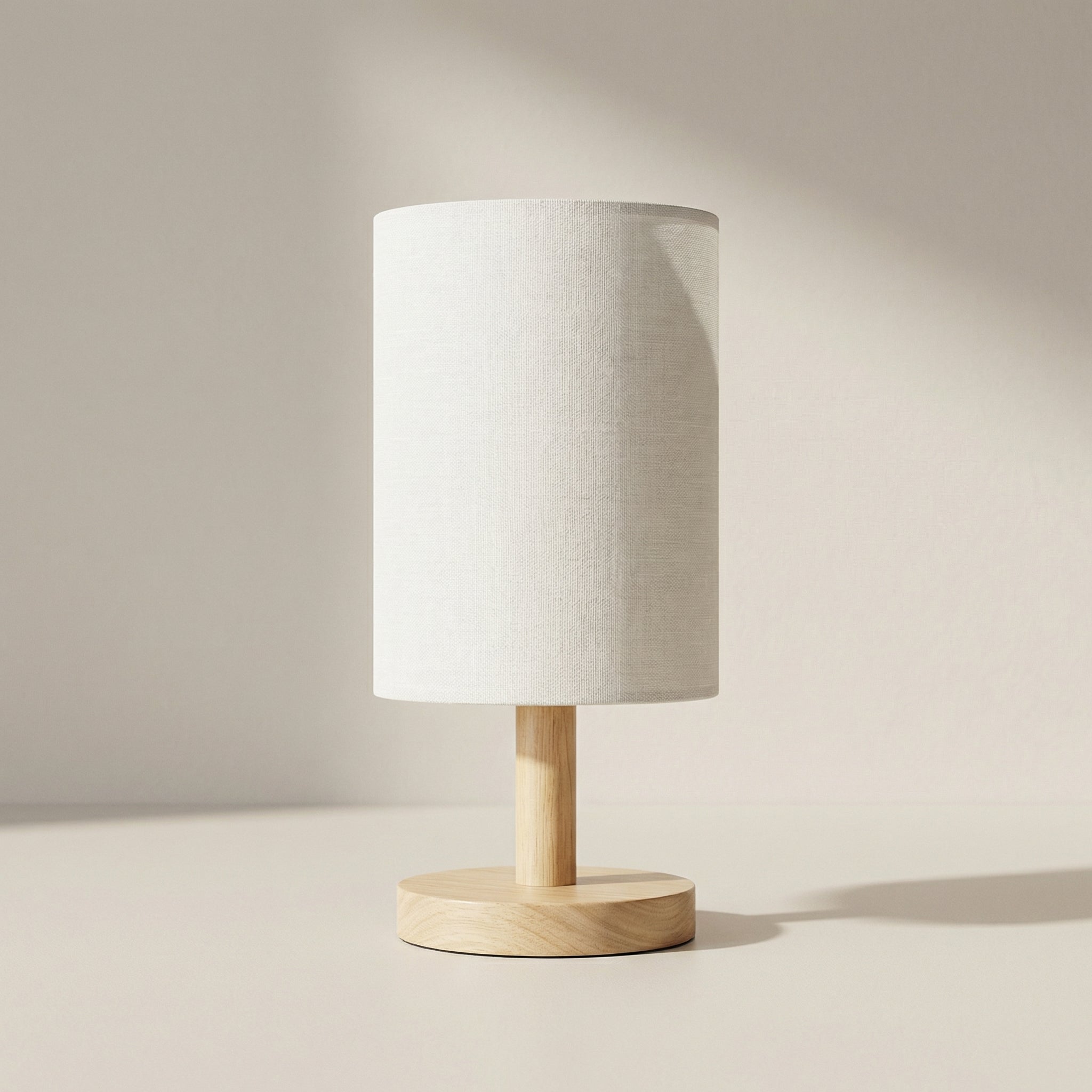 Table lamp with wooden base and white fabric shade on a neutral background