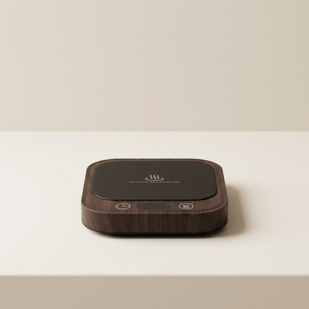 Wooden electronic device with control buttons on a beige background