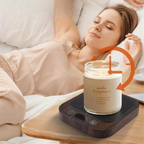 Woman lying on a bed with a candle labeled 'happiness' on a wooden tray.