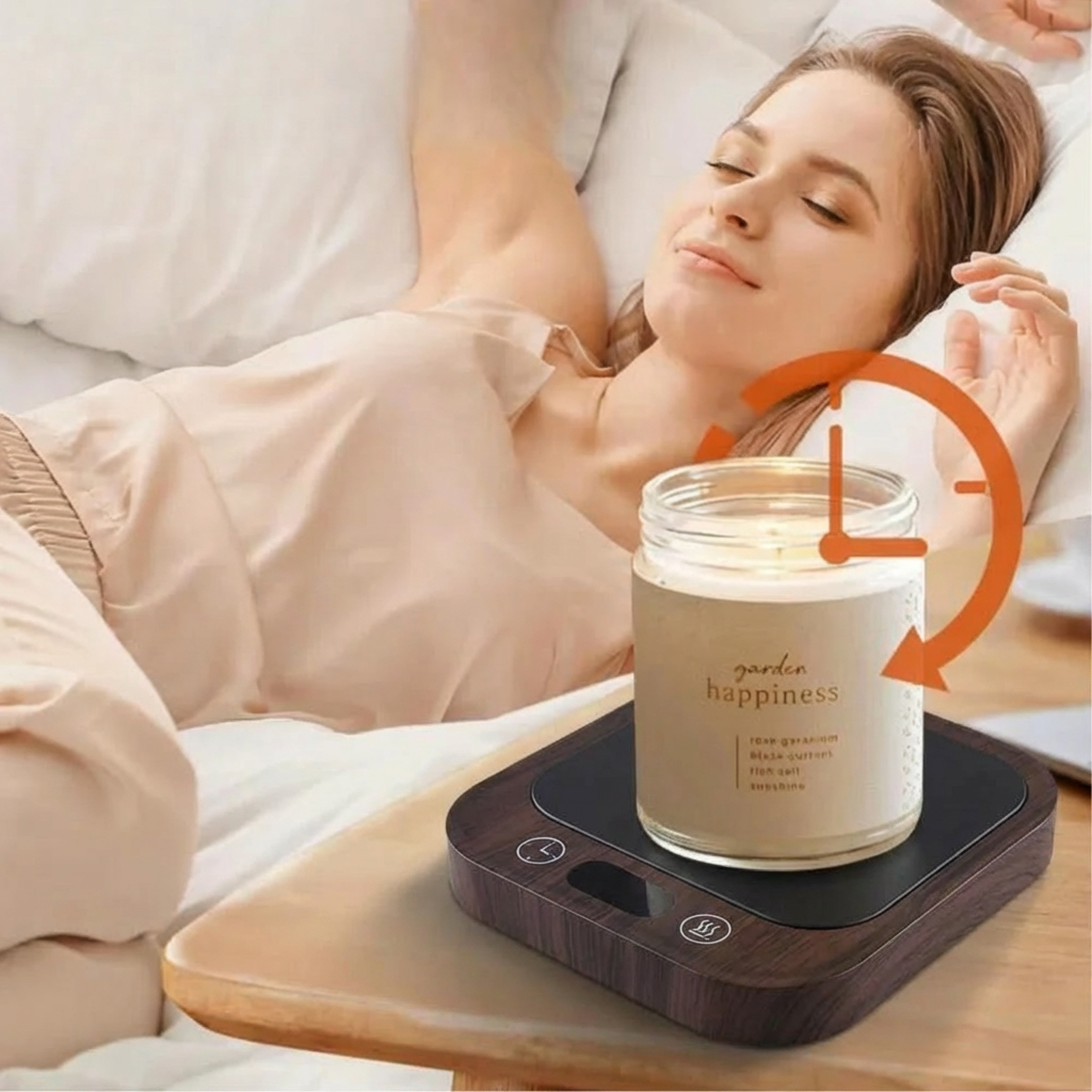 Woman lying on a bed with a candle labeled 'happiness' on a wooden tray.