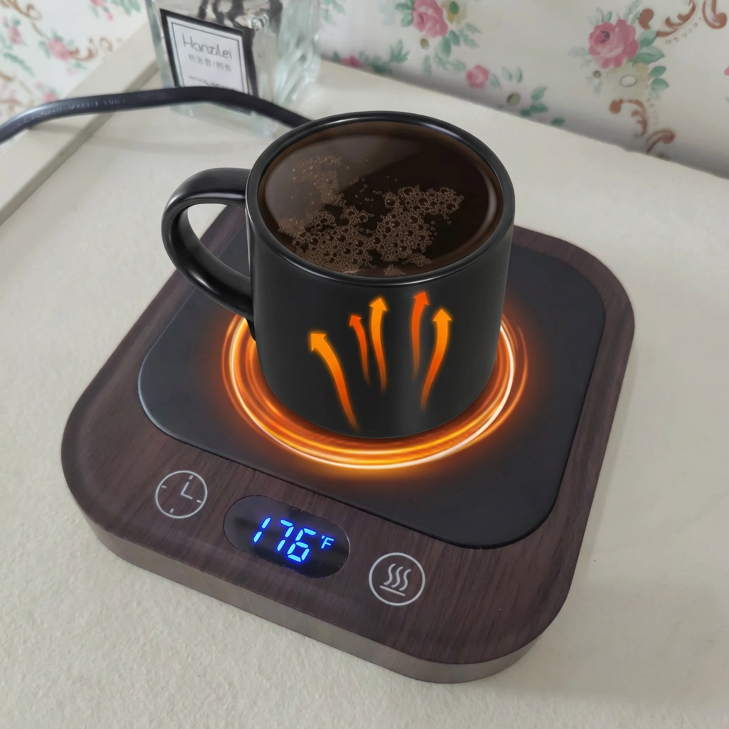 Black mug on a wooden mug warmer with digital display on a floral couch.