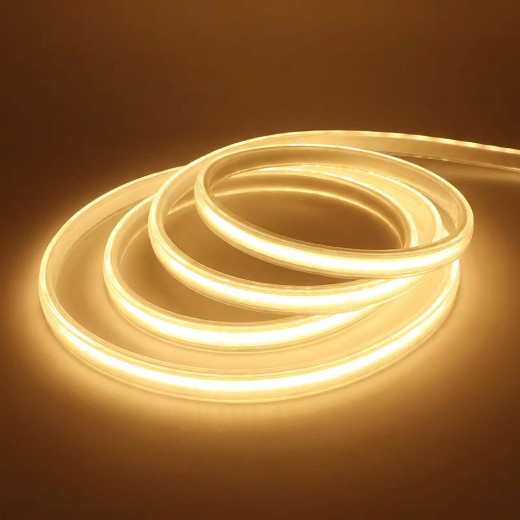 Coiled LED strip light on a brown background