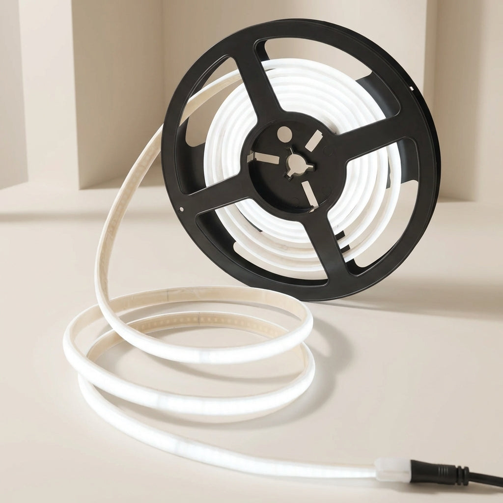 Spool of white LED strip light on a beige background