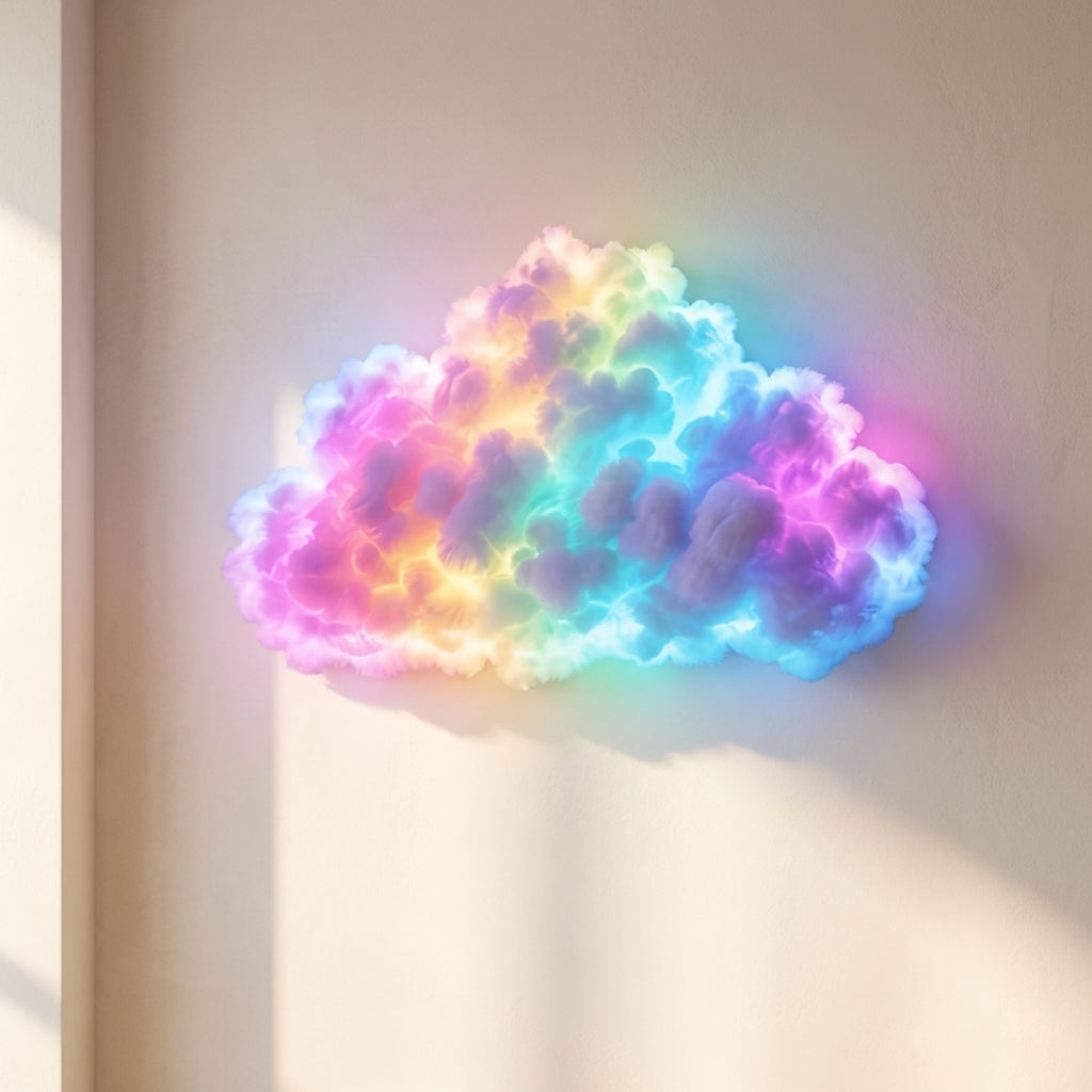 Colorful cloud-shaped light fixture on a wall