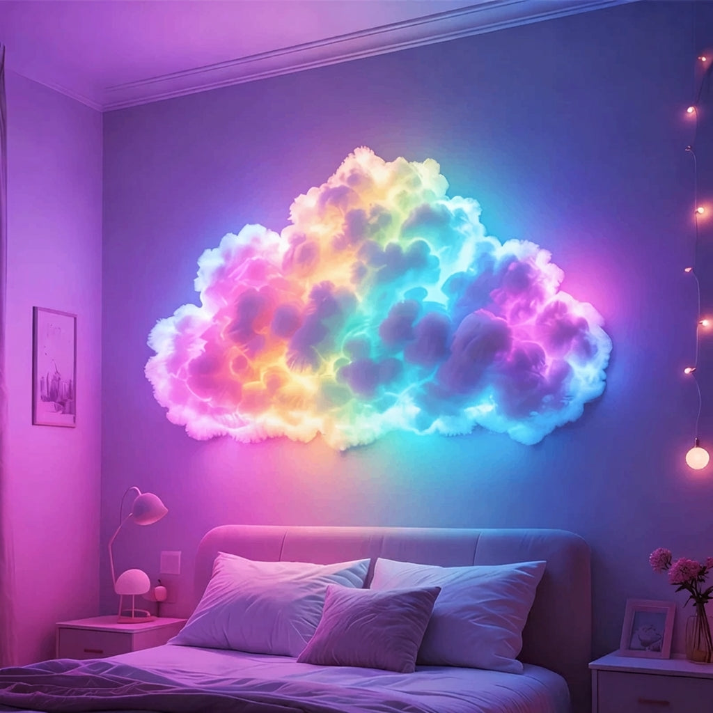 Neon cloud light fixture on a wall above a bed in a bedroom