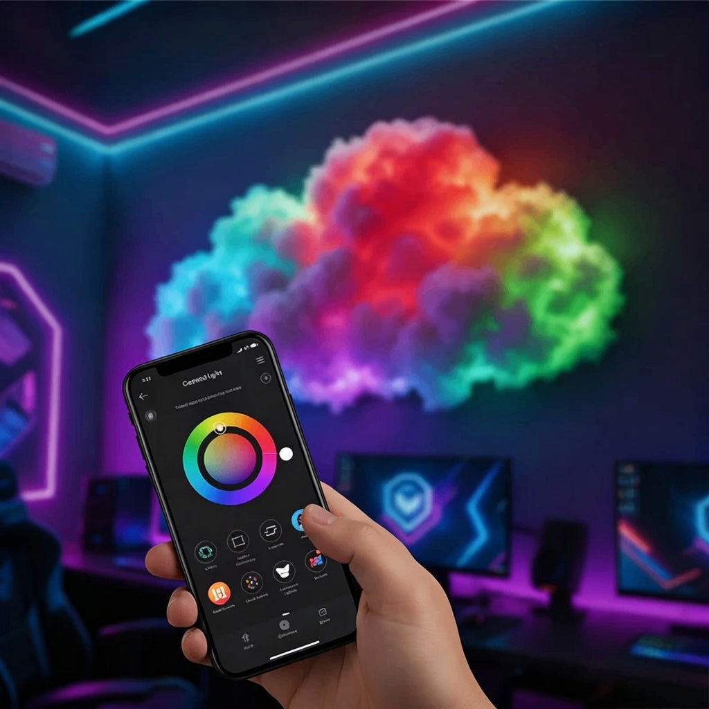 Hand holding a smartphone with a colorful app interface in a room with RGB lighting.
