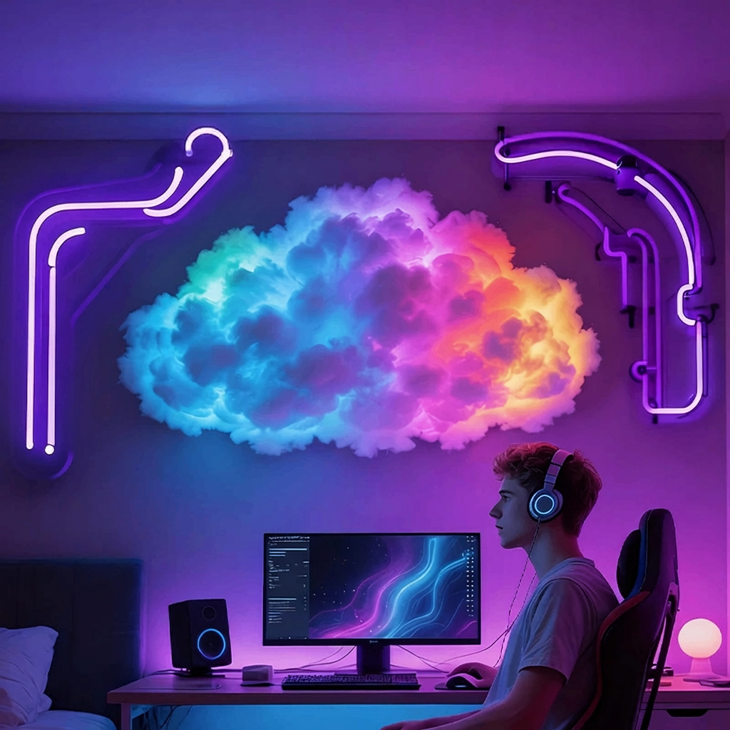 Person sitting at a desk with a computer in a room illuminated by colorful neon lights and a cloud-shaped light fixture.