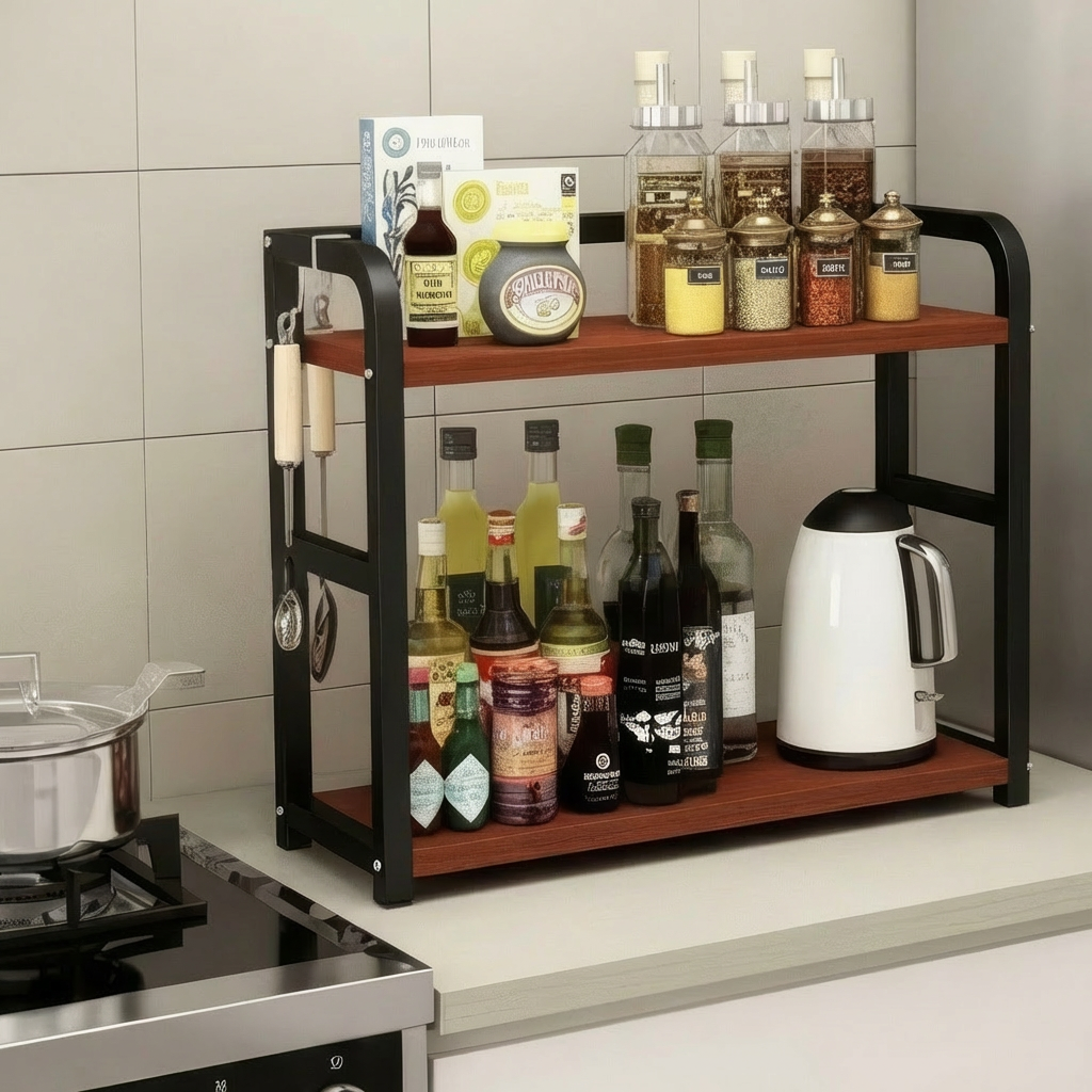 Kitchen shelf with various bottles, a kettle, and kitchen tools against a tiled wall.