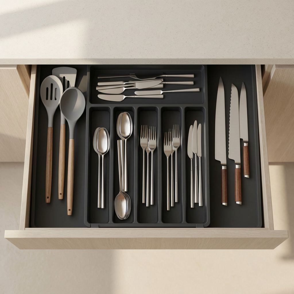 Open kitchen drawer with organized cutlery set on a neutral background