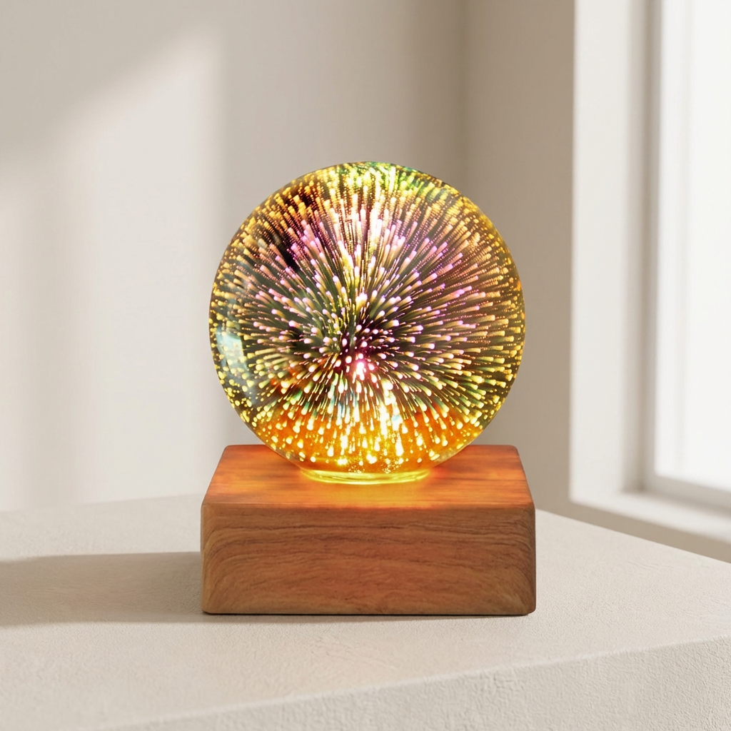 Colorful spherical light on a wooden base against a neutral background