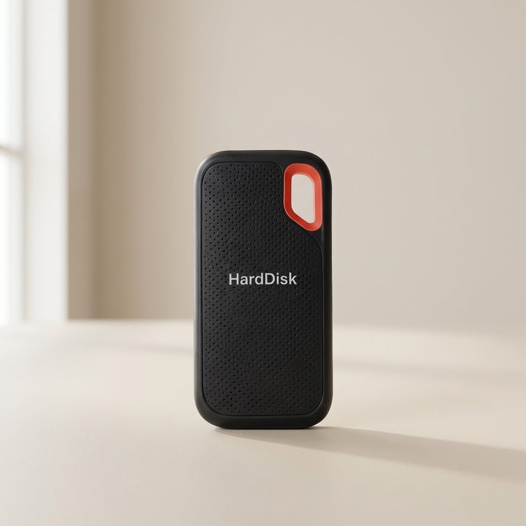 Black external hard disk drive with red accent on a light beige background