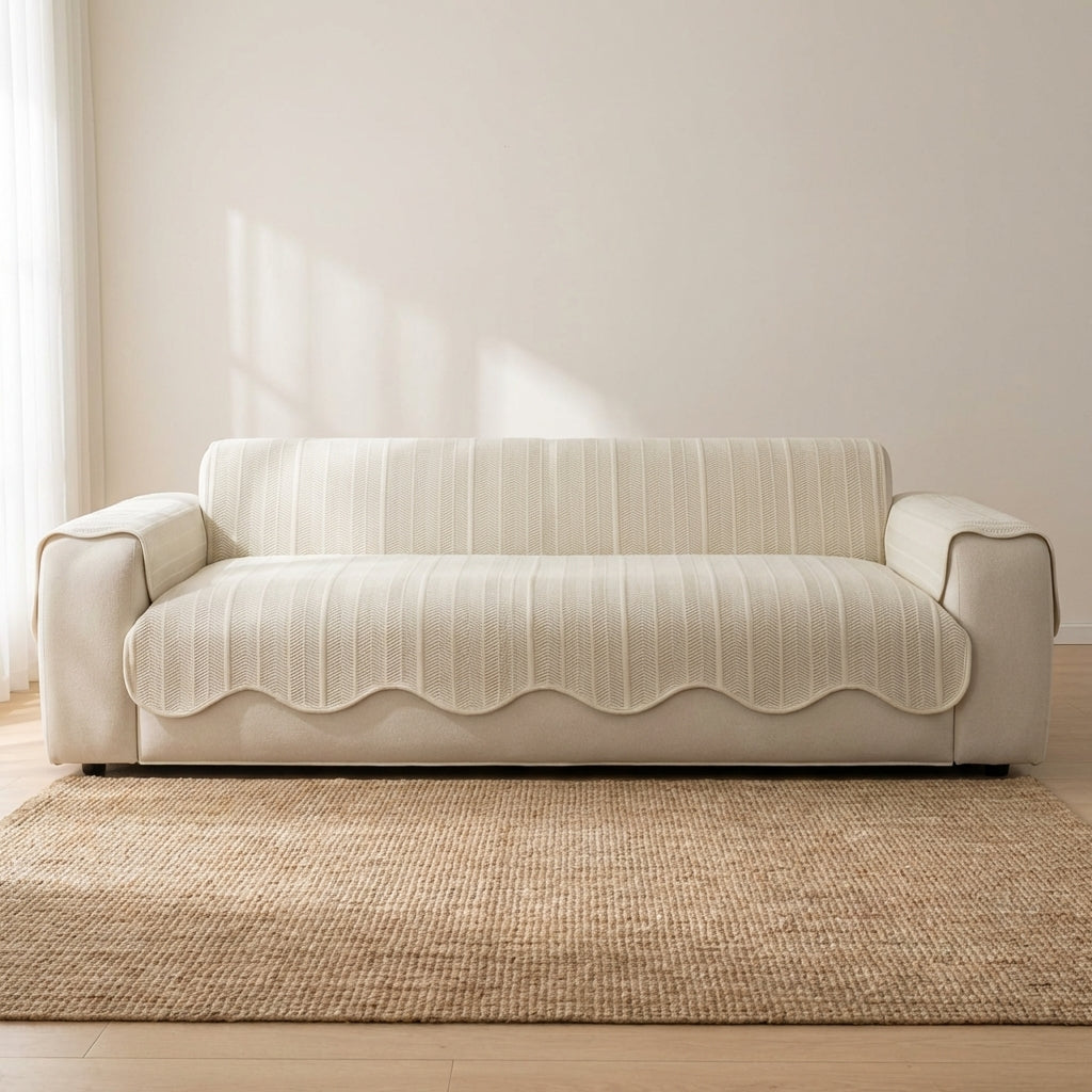 Beige sofa with a striped cover in a minimalistic room with a beige wall and wooden floor.