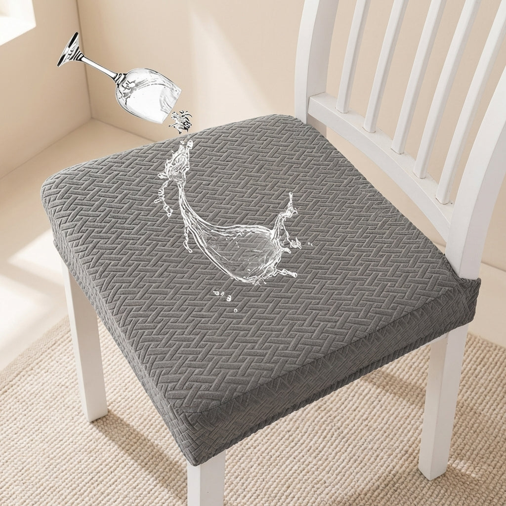 Gray textured chair pad on a white chair with water droplet graphic