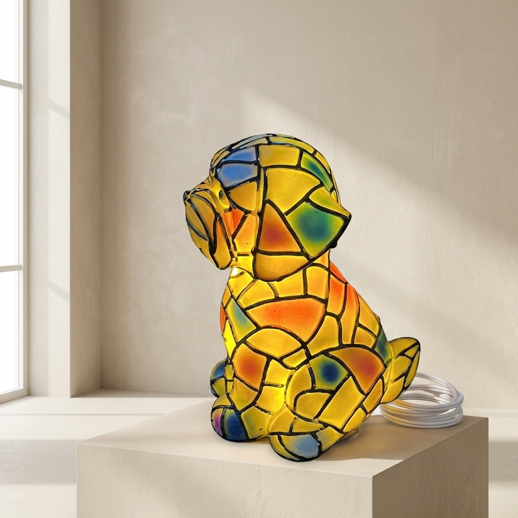 Colorful stained glass dog-shaped lamp on a white surface with a neutral background