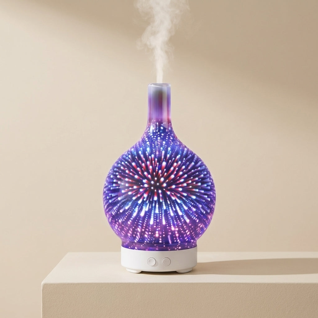 Decorative diffuser with colorful light effects on a beige background