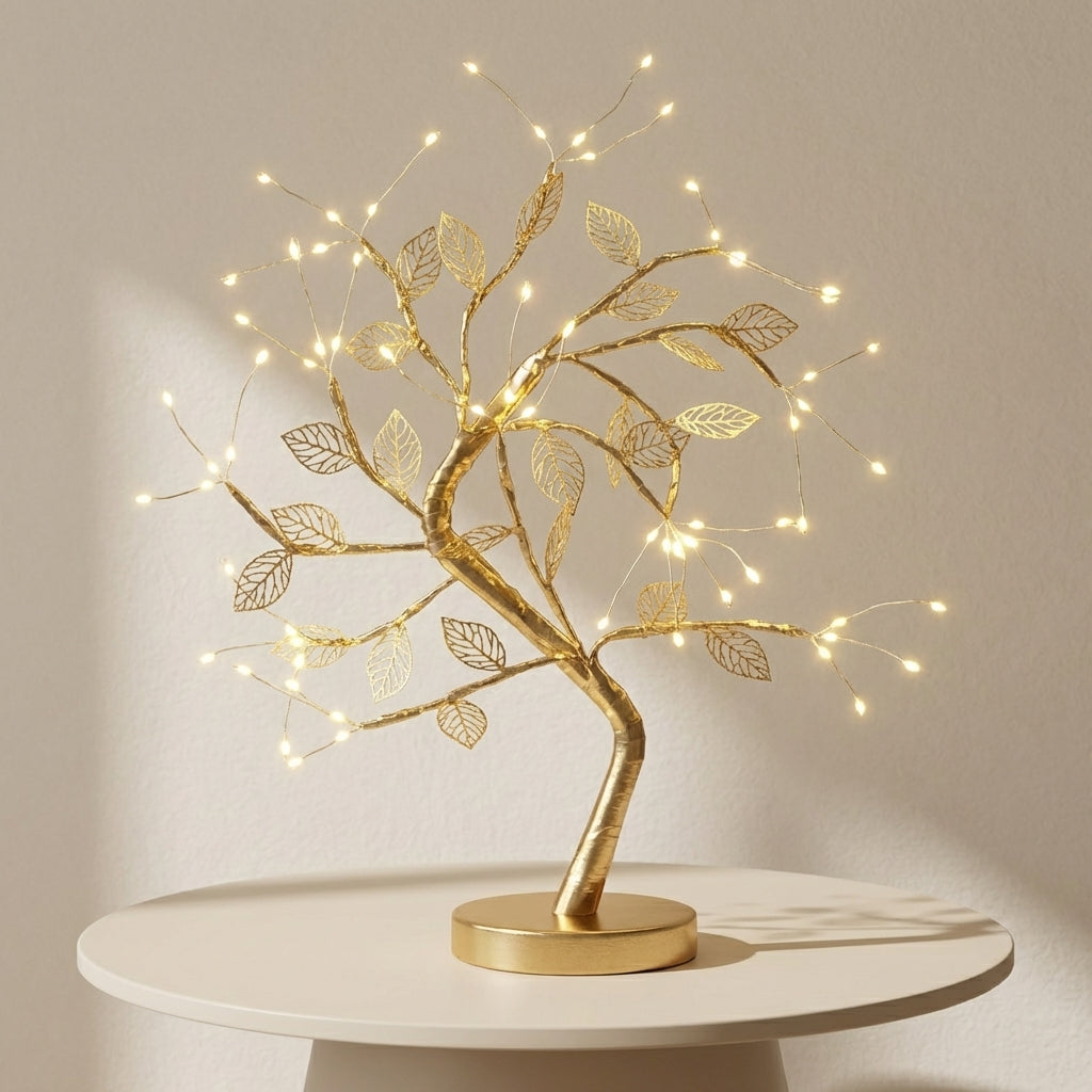 Decorative gold tree with lights on a white surface against a beige background