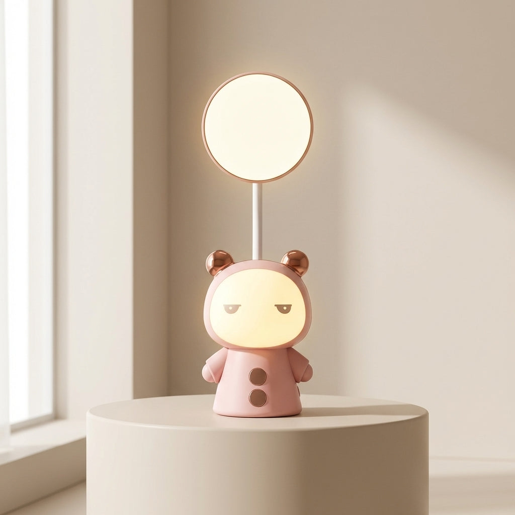 Cute pink lamp with animal ears on a white surface near a window
