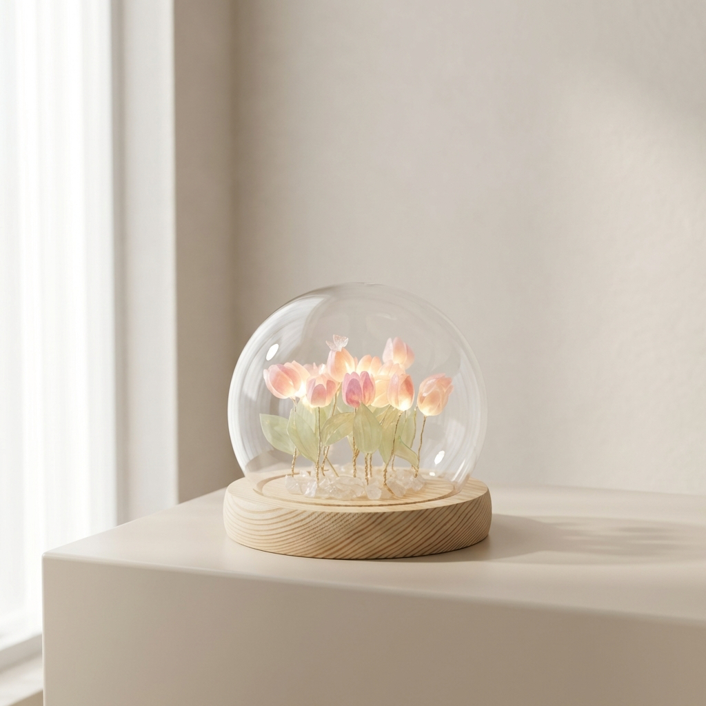 Glass dome with pink flowers on a wooden base against a light background