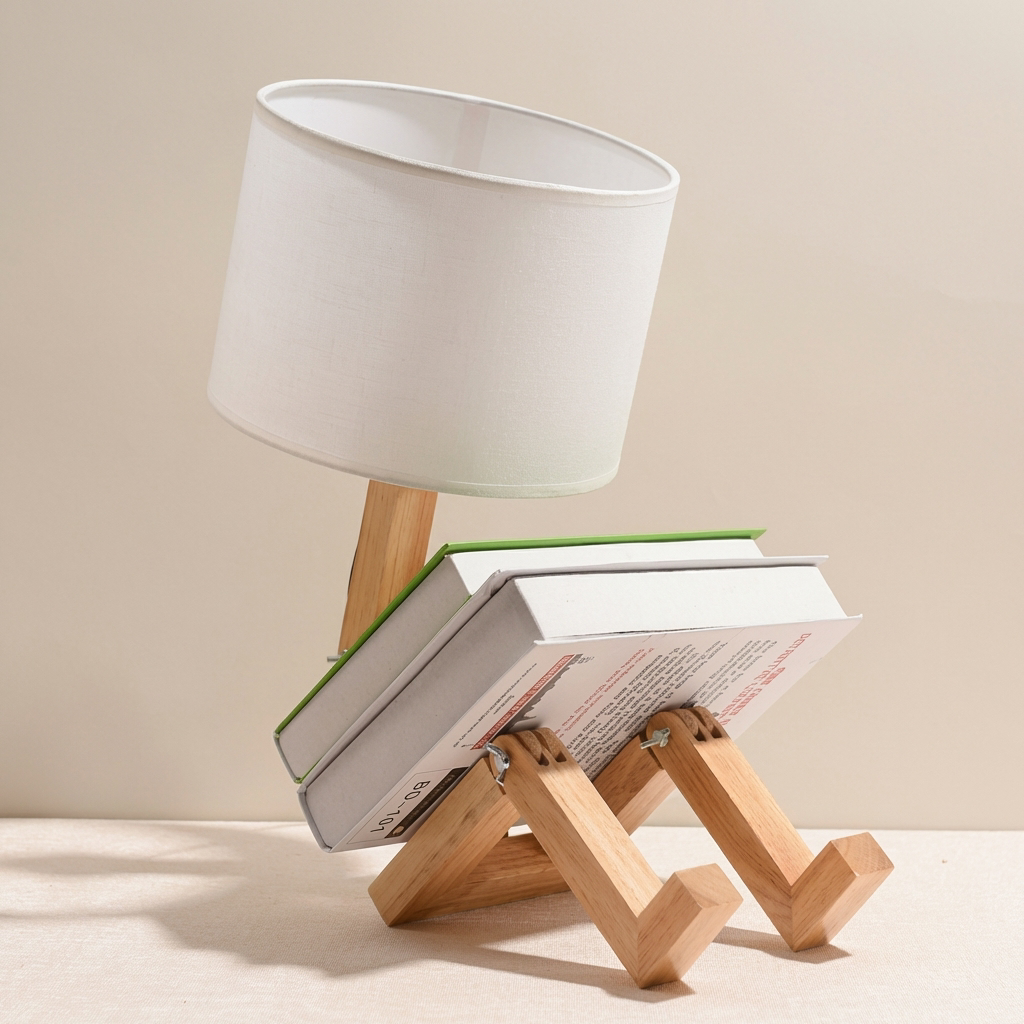 Small wooden lamp with a white shade and books on a beige surface
