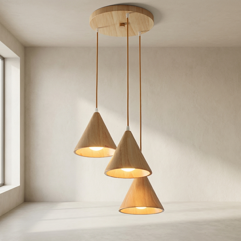 Pendant Lamp Wood Cone Three Head Linear Design LED Compatible