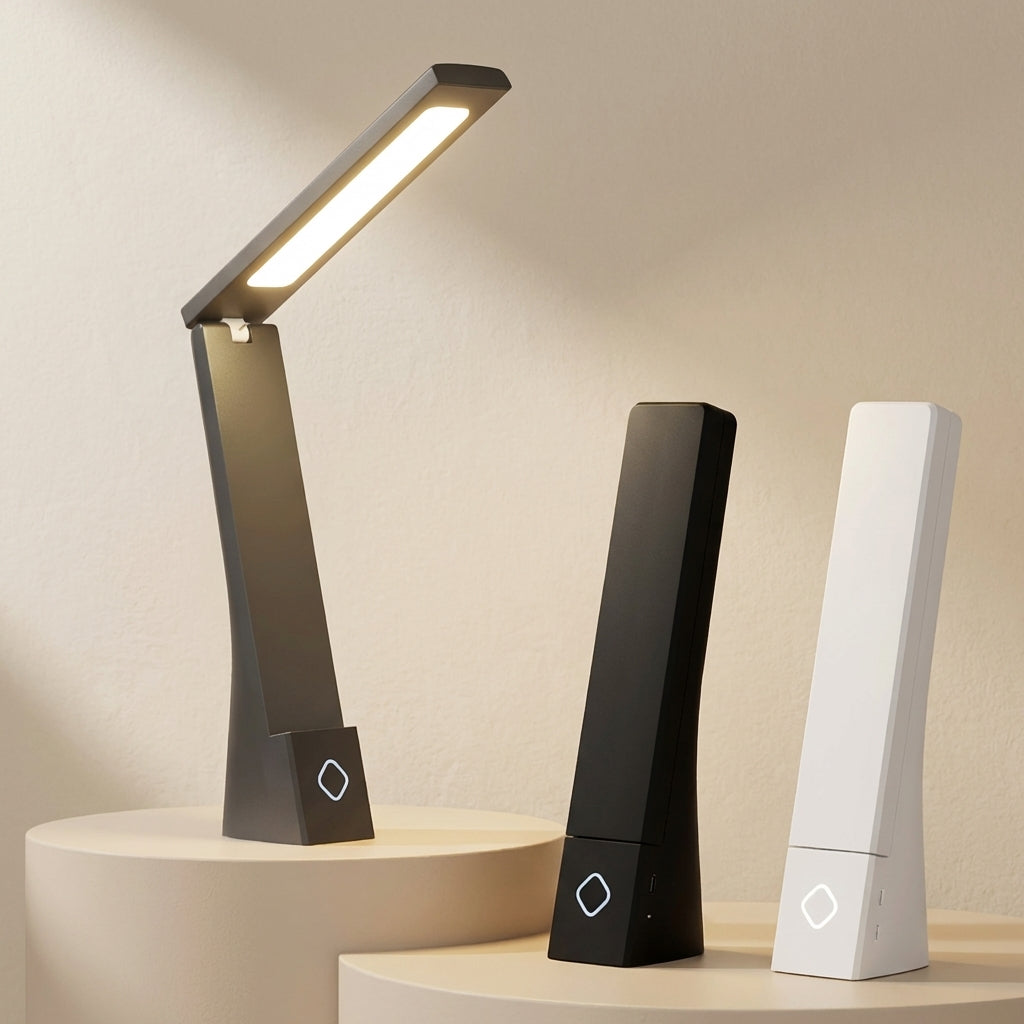 Three modern desk lamps on a neutral background