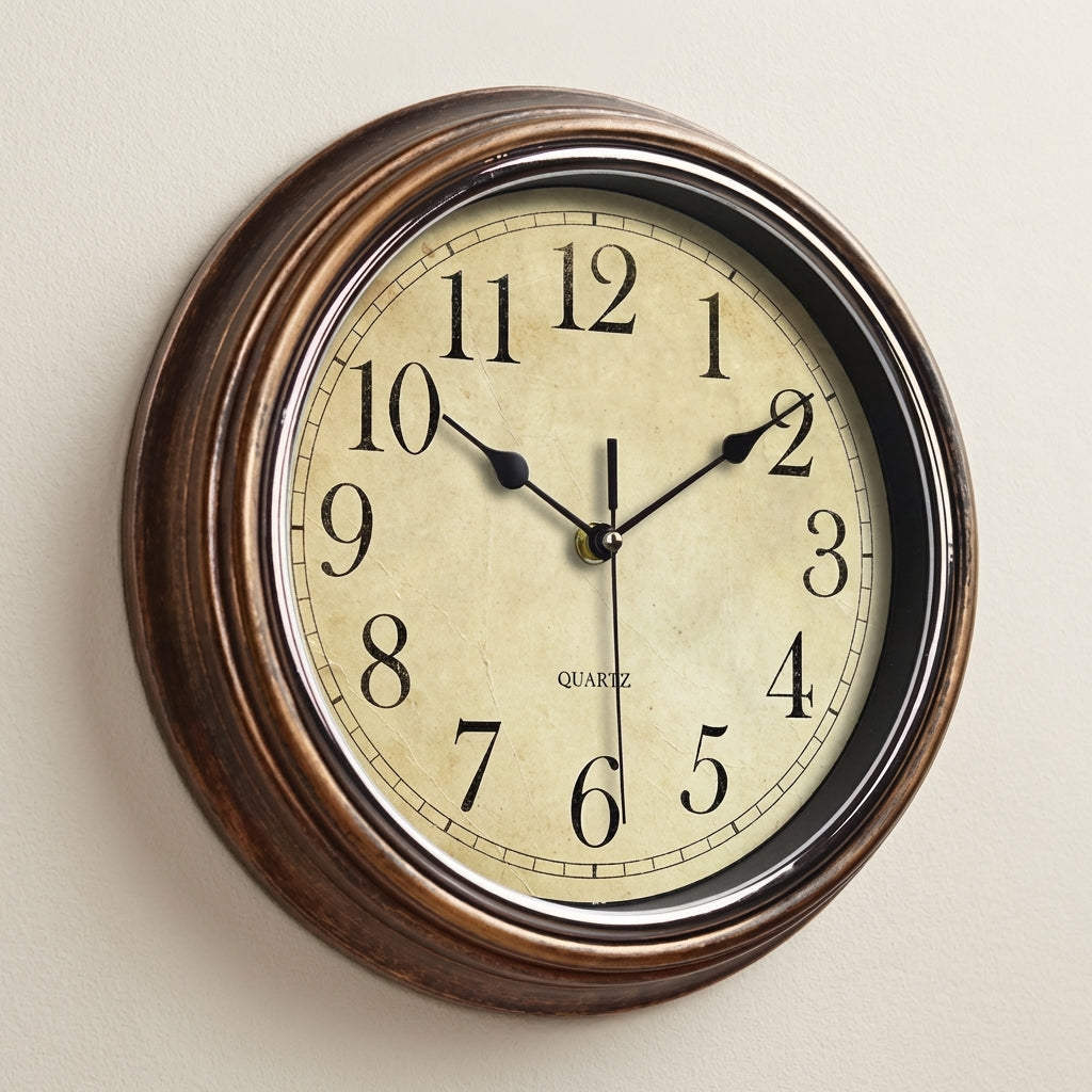 Round wall clock with a bronze frame on a beige wall