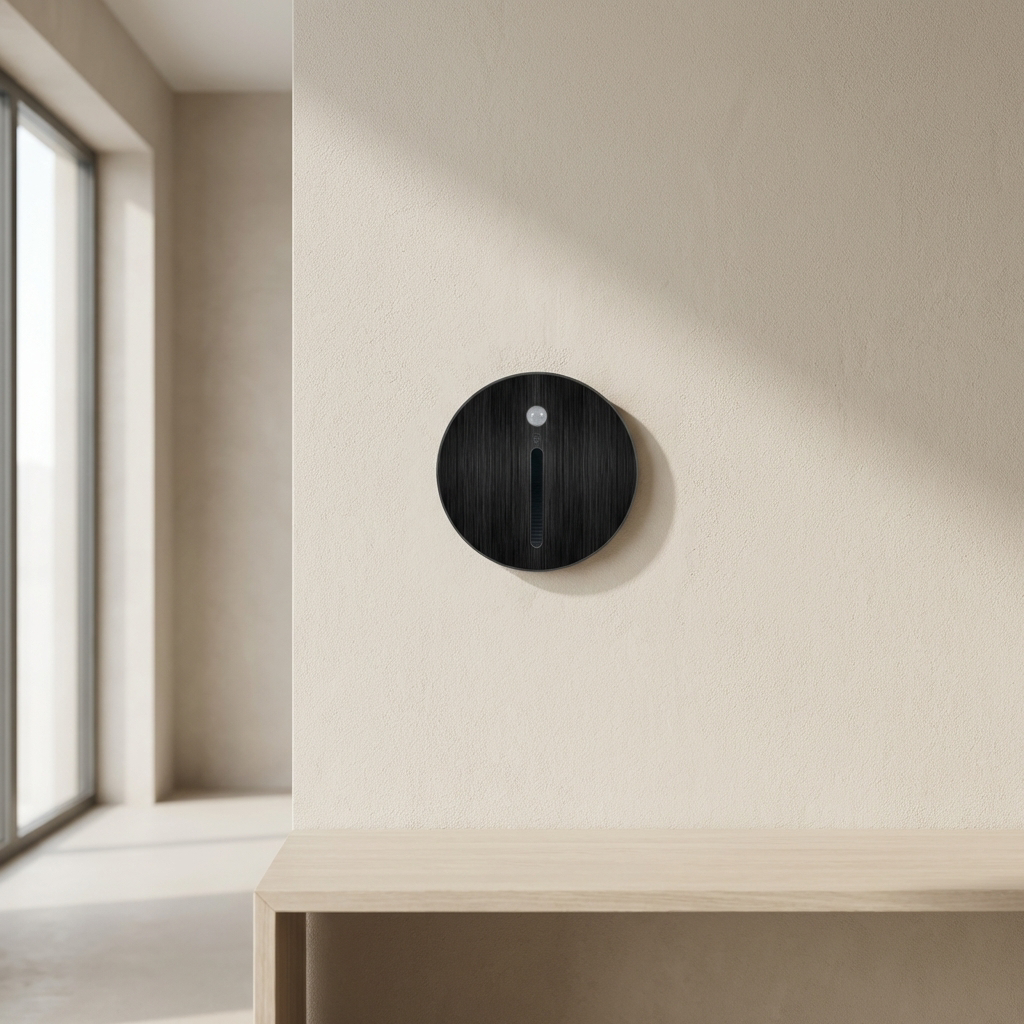 Black round device on a beige wall with a window in the background