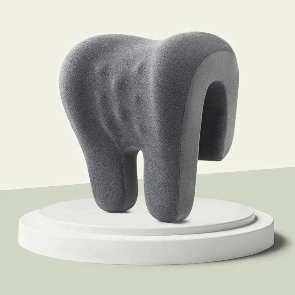 Gray abstract sculpture on a white platform against a light green background