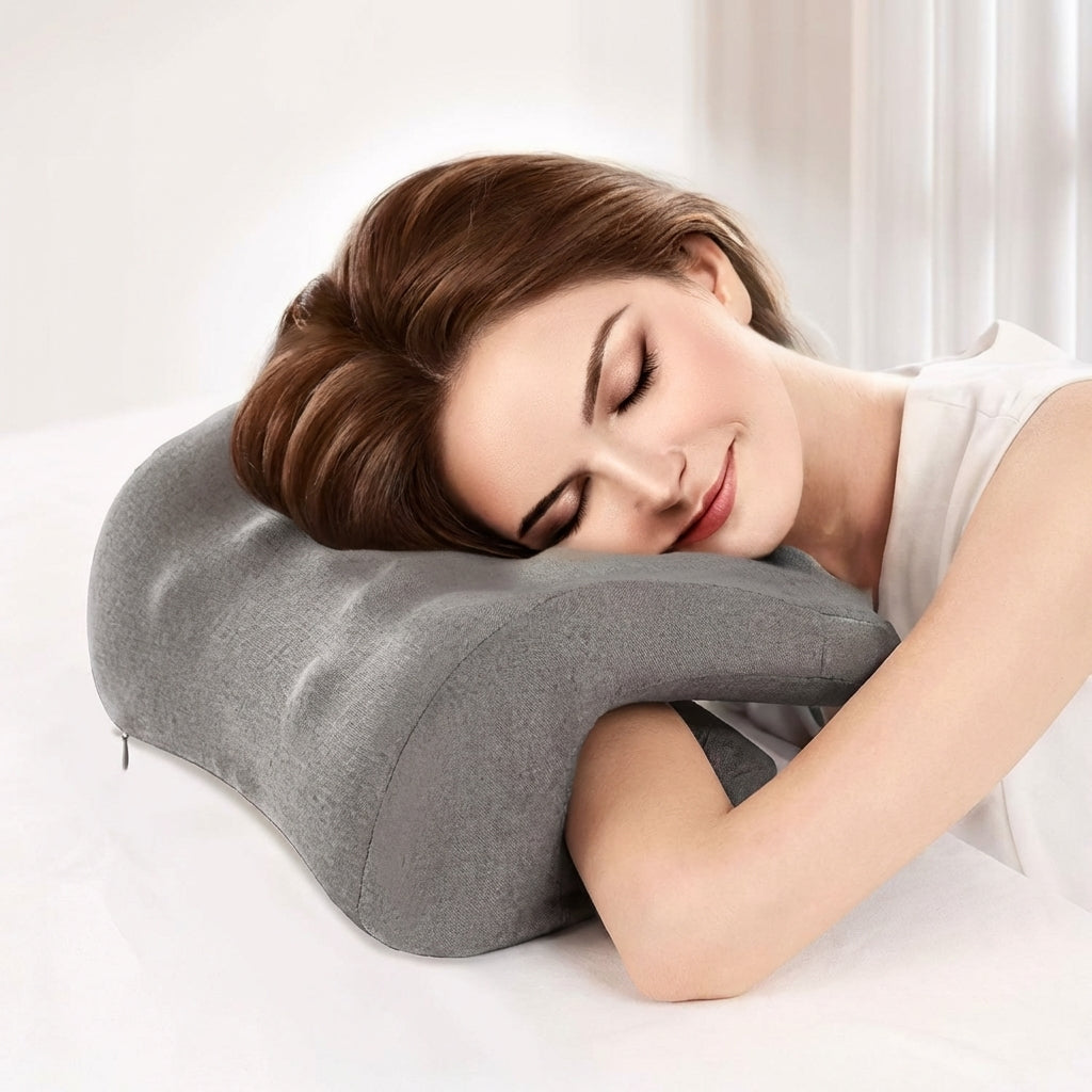 Woman sleeping on a gray pillow in a bright room