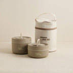 Set of three beige lunch boxes with 'Lunch Box' labels on a beige background