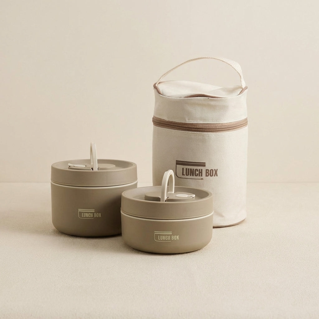 Set of three beige lunch boxes with 'Lunch Box' labels on a beige background