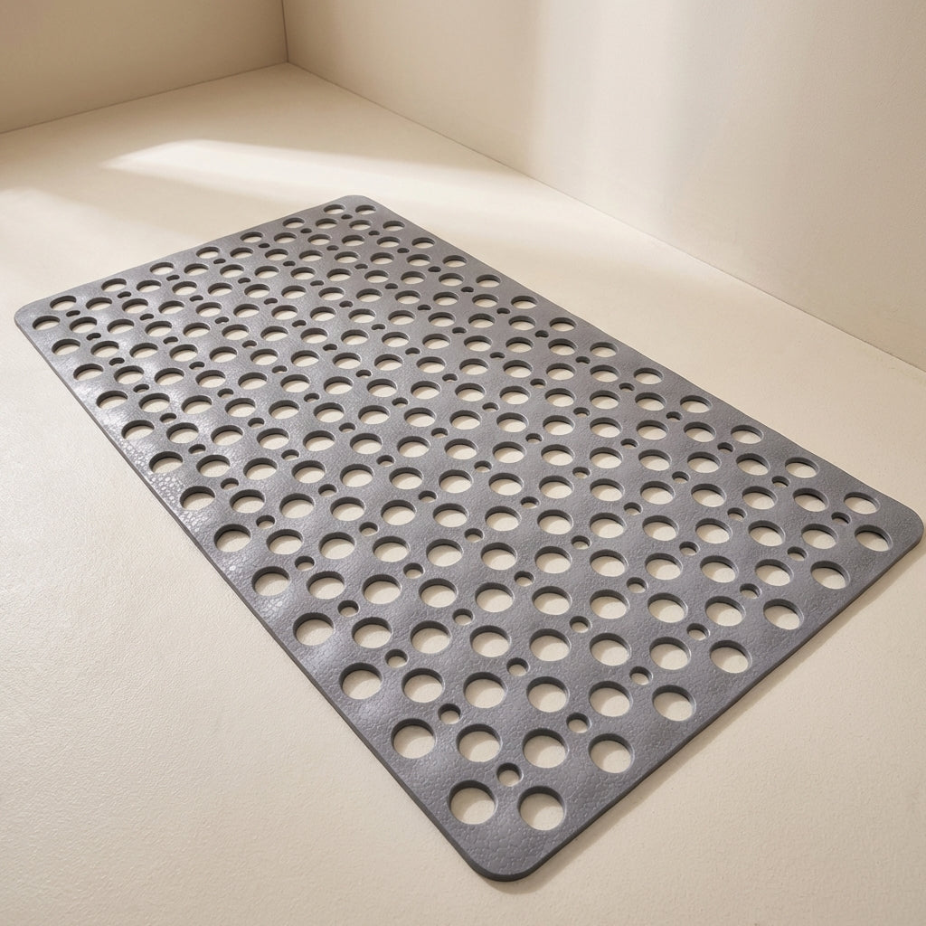 Gray perforated mat on a light beige floor