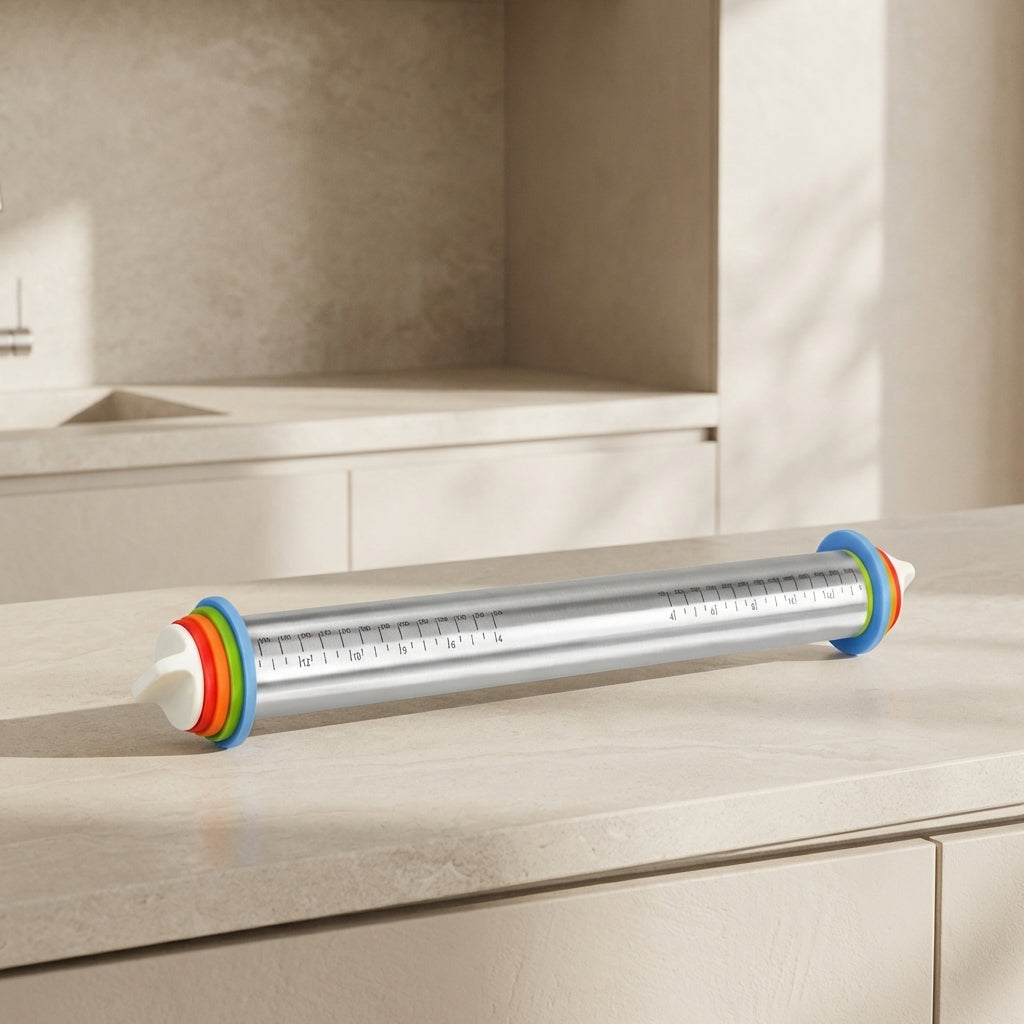Rolling pin with colorful handles on a kitchen counter