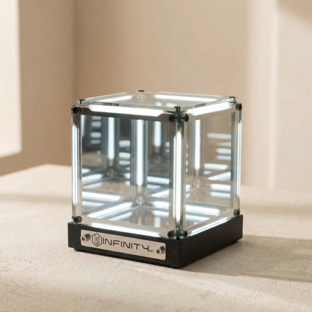 Clear cube with black base on a beige surface