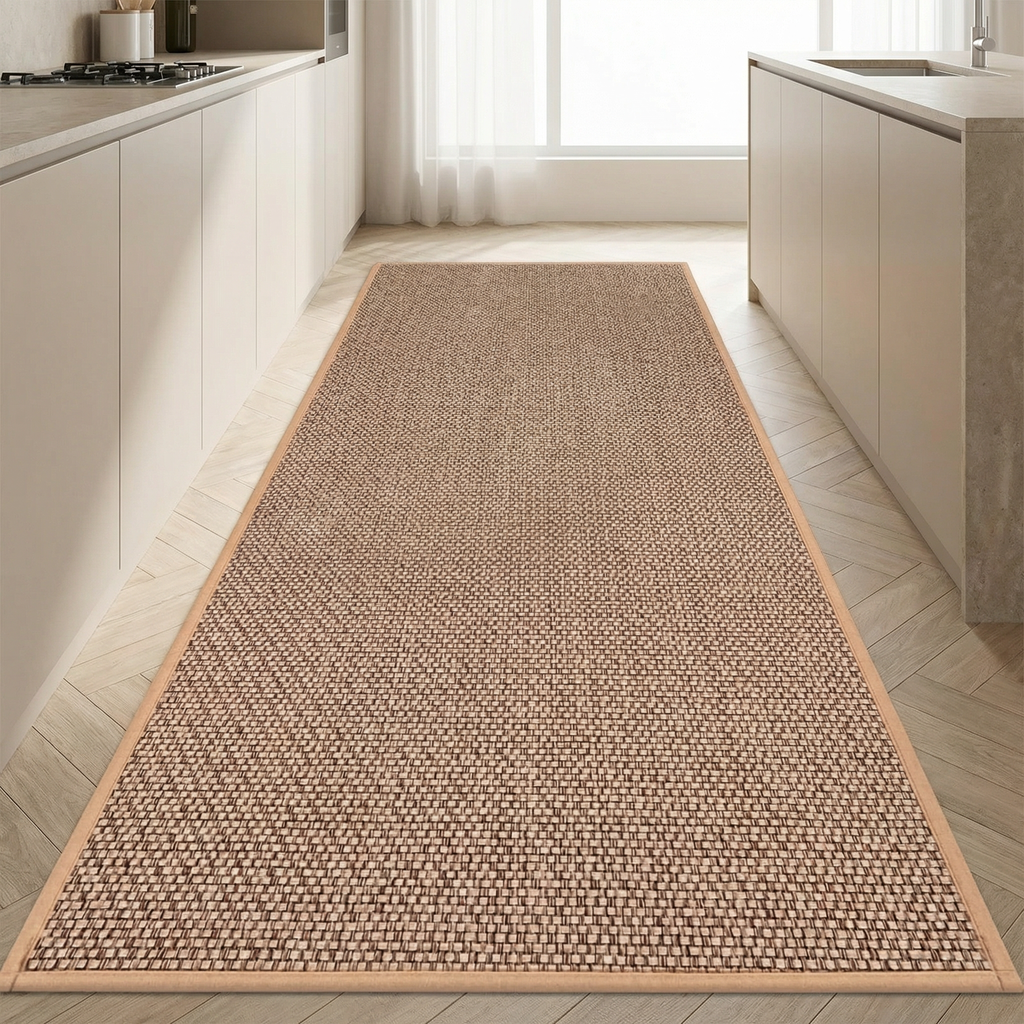 Beige woven runner rug on a wooden floor in a kitchen setting
