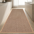 Beige woven runner rug on a wooden floor in a kitchen setting