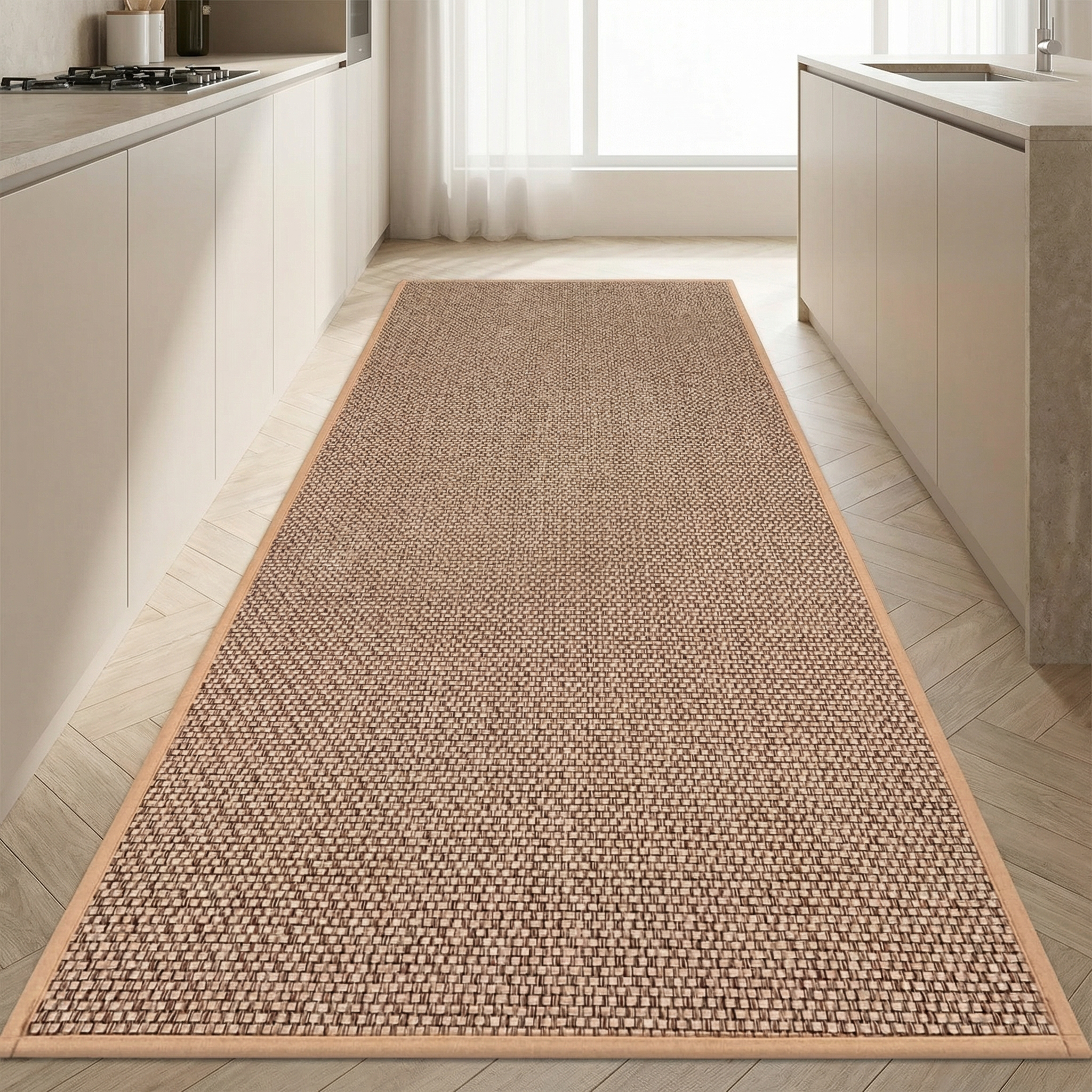 Beige woven runner rug on a wooden floor in a kitchen setting